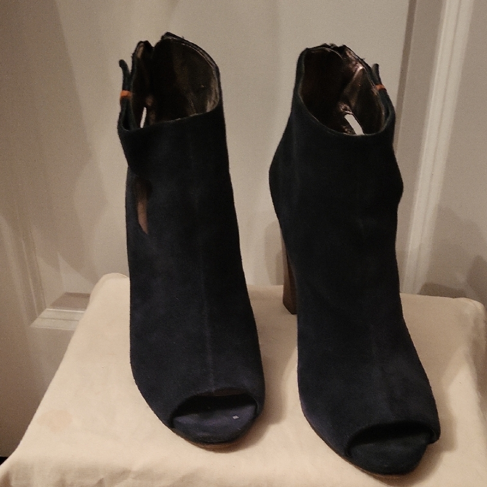LOFT Black Heeled Boots with Peep-Toe and Textured Fabric